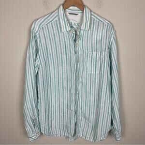 Tommy Bahama Green White  Stripe Linen Long Sleeve Button Down Mens Large